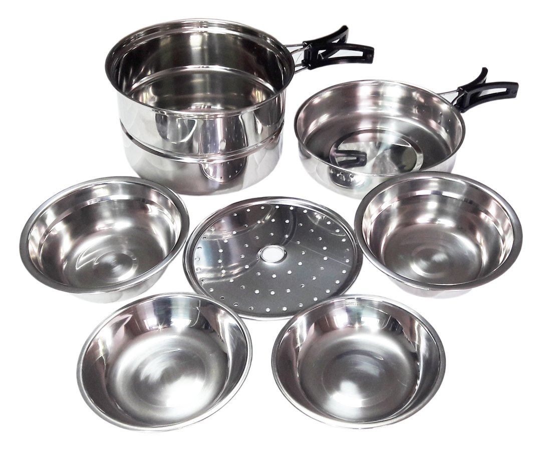 8pcs Stainless Steel Camping Nesting Cookware Set.Pot Pan Bowls Plates Steamer Insert Set