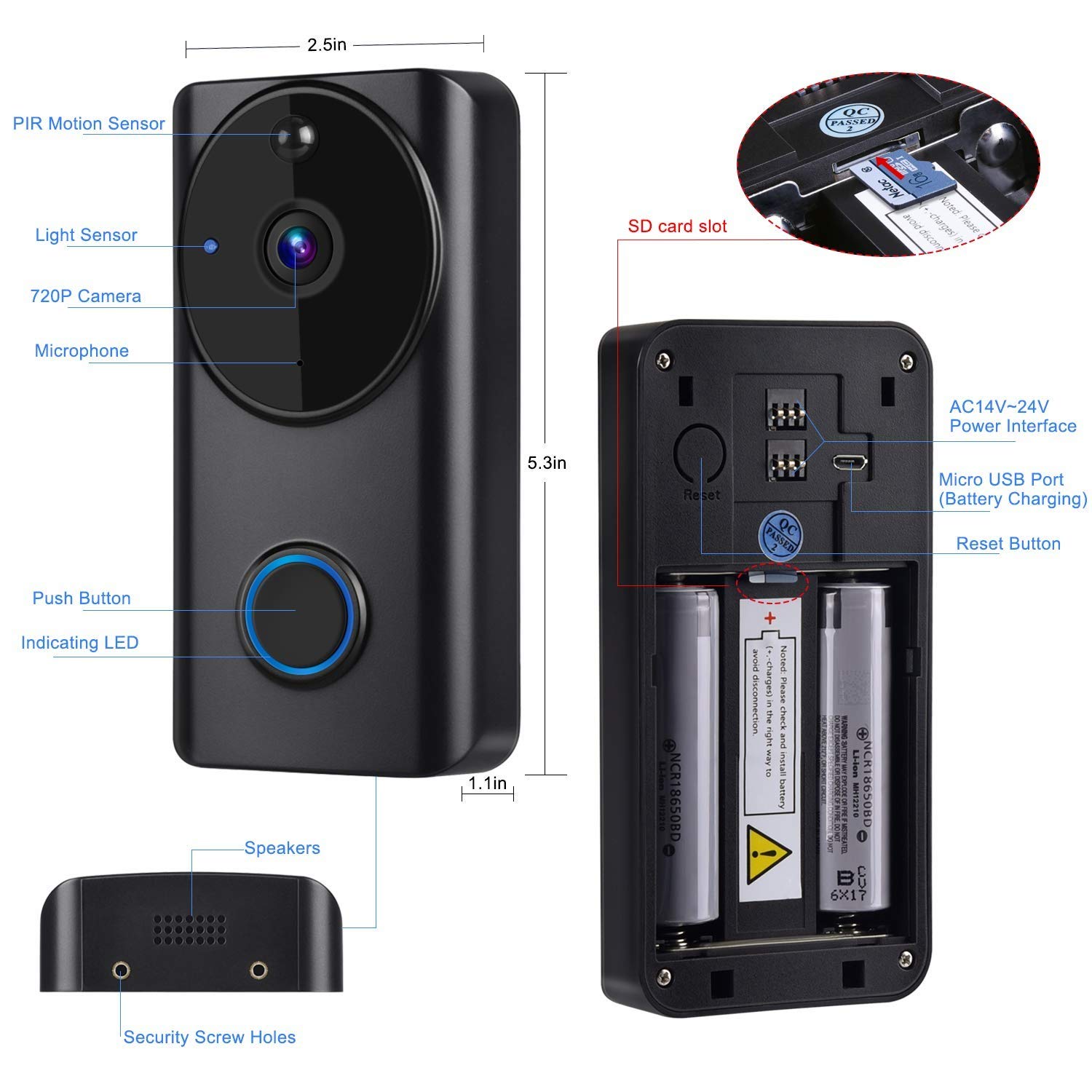 Timbre de Video, (Timbre inalámbrico de la Puerta WiFi, 720P HD, 166 Grados, Gran Angular, función de interfono, Sensor de Movimiento, Resistente al Agua, para iOS y Android)