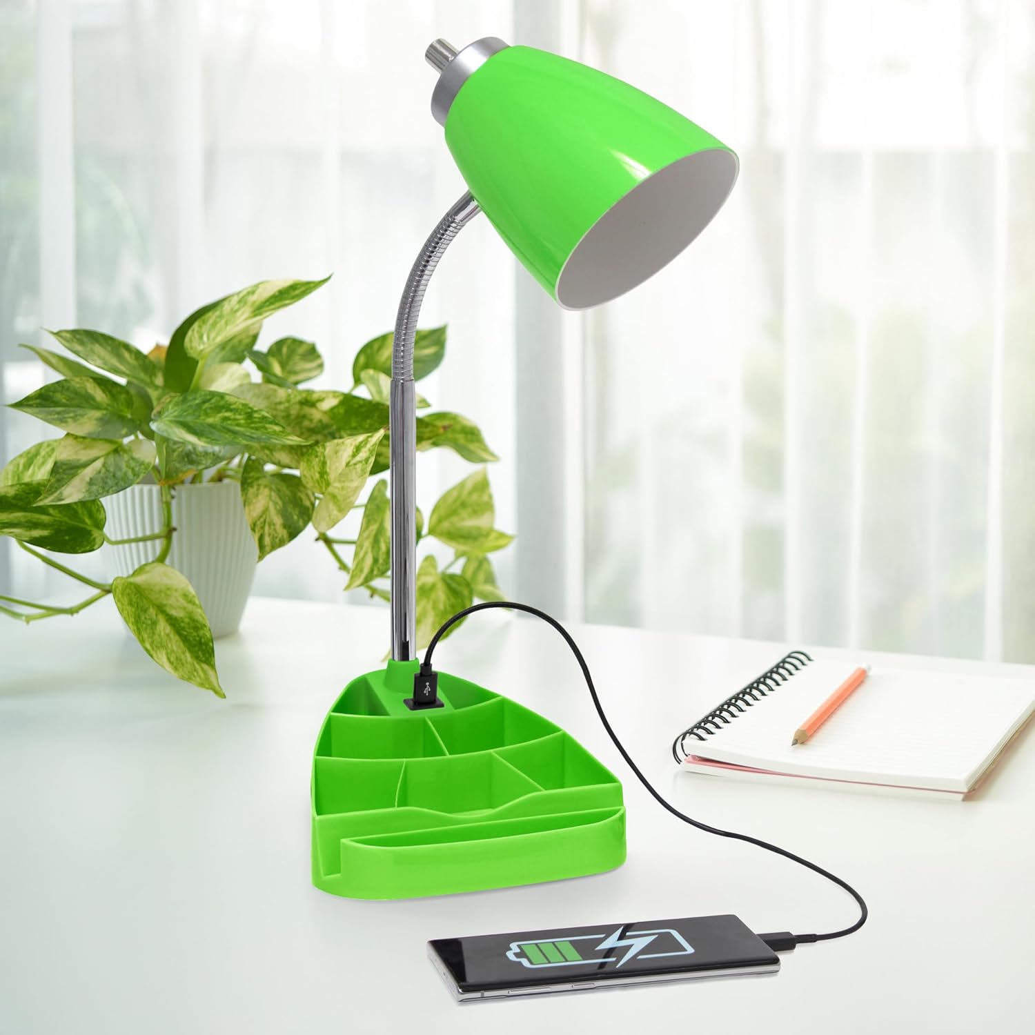 Simple Designs LD1056-GRN-LB 18.5" Gooseneck Organizer Desk Lamp with iPad Tablet Stand Book Holder and USB Port, with LED Bulb, Green