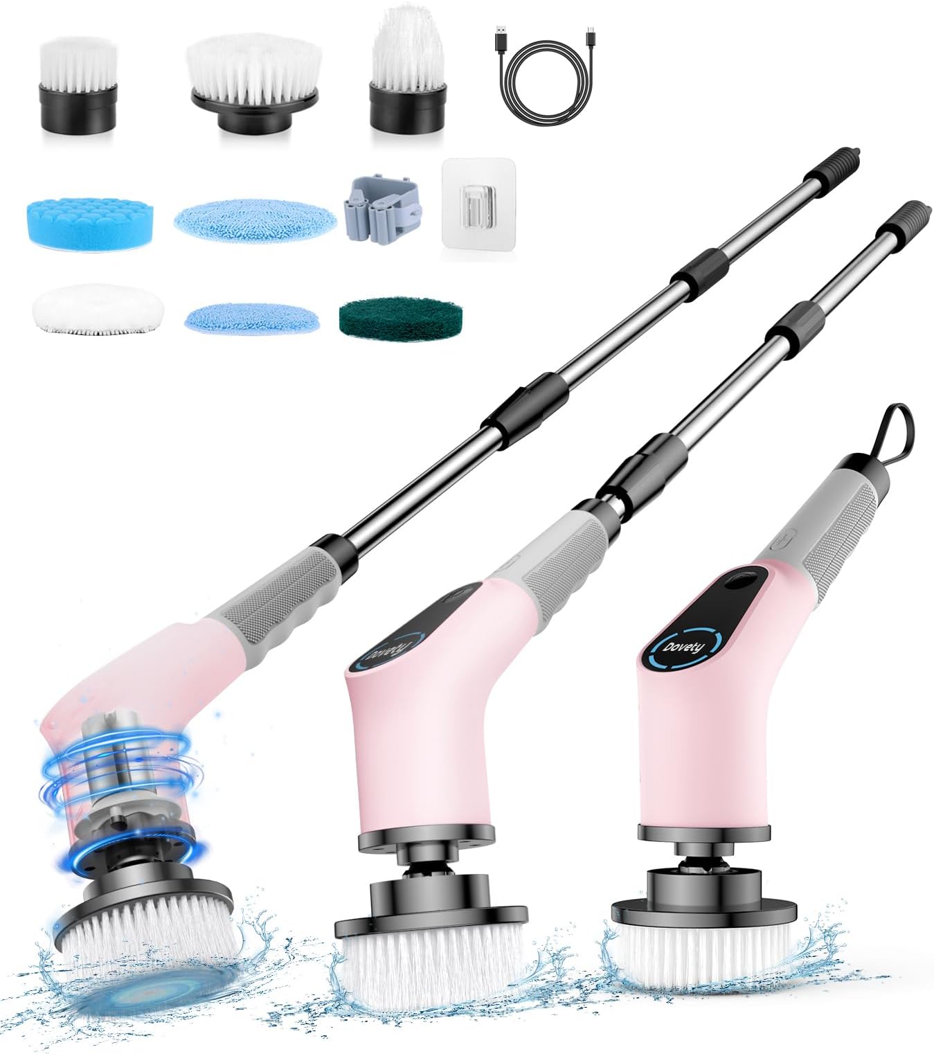 Dovety Electric Spin Scrubber, Cordless Cleaning Brush, Shower Scrubber with 8 Replaceable Brush Head, Power Cleaning Brush with Extension Handle, 2 Adjustable Speed, for Bathtub Tile Floor (Pink)