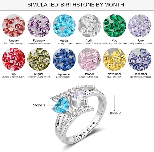 Miniatura 2 de Anillos de promesa de plata fina 925 Zomodia para ella, anillos personalizados para madres con 2 piedras de nacimiento de imitación, joyería