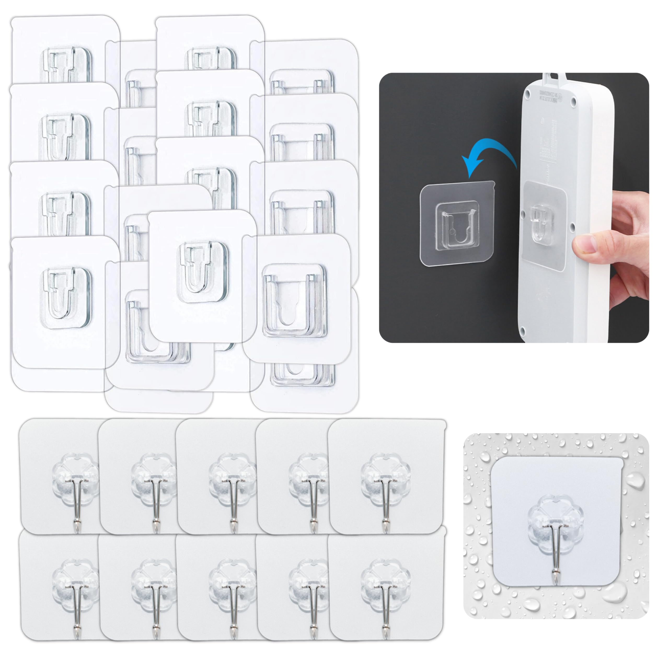 CUBIBOO®️ 20 Colgadores Adhesivos Resistentes: 10 Ganchos Adhesivos Para Pared + 10 Pares de Ganchos Para Colgar de Doble Cara (5,7 x 5,7 CM) - Cuelga Cuadros Sin Clavos - Cuelga Facil (20, blanco)