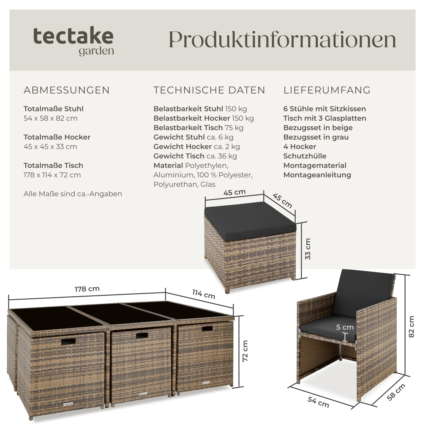 tectake® Polyrattan Gartenmöbel Set, Sitzgruppe mit 6 Stühle + 1 Glasplatte Tisch + 4 Hocker, Gartenlounge Set klappbar mit Aluminium Gestell, für 10 Personen, Balkon Möbel, inkl. 2 Bezugsset - Natur
