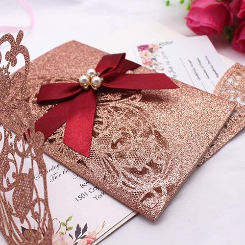 Miniatura 6 de 25 invitaciones de boda con purpurina de 250 GSM con tres pliegues con tarjetas de confirmación y sobres para boda, compromiso, despedida de