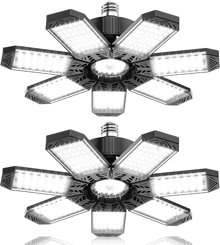 LED Garage Light 200W, 2 Pack 20000LM Bright Garage Lights Ceiling Led with 7 Adjustable Panels, 6500K Shop Lighting Screw in E26/E27 Bulb Socket, LED Lights for Shop Barn Basement Bay