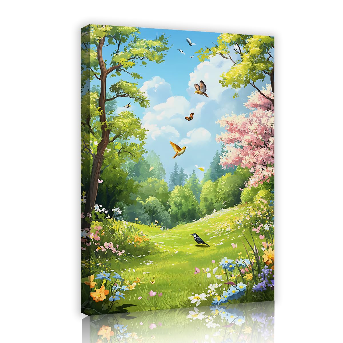 TOANGWALL Spring Meadow Canvas Wall Art Green Forest Landscape Painting Flying Birds Meadow Mural Pictures Artwork Modern Framed Poster Prints For Living Room Studio Decor 70x100cm