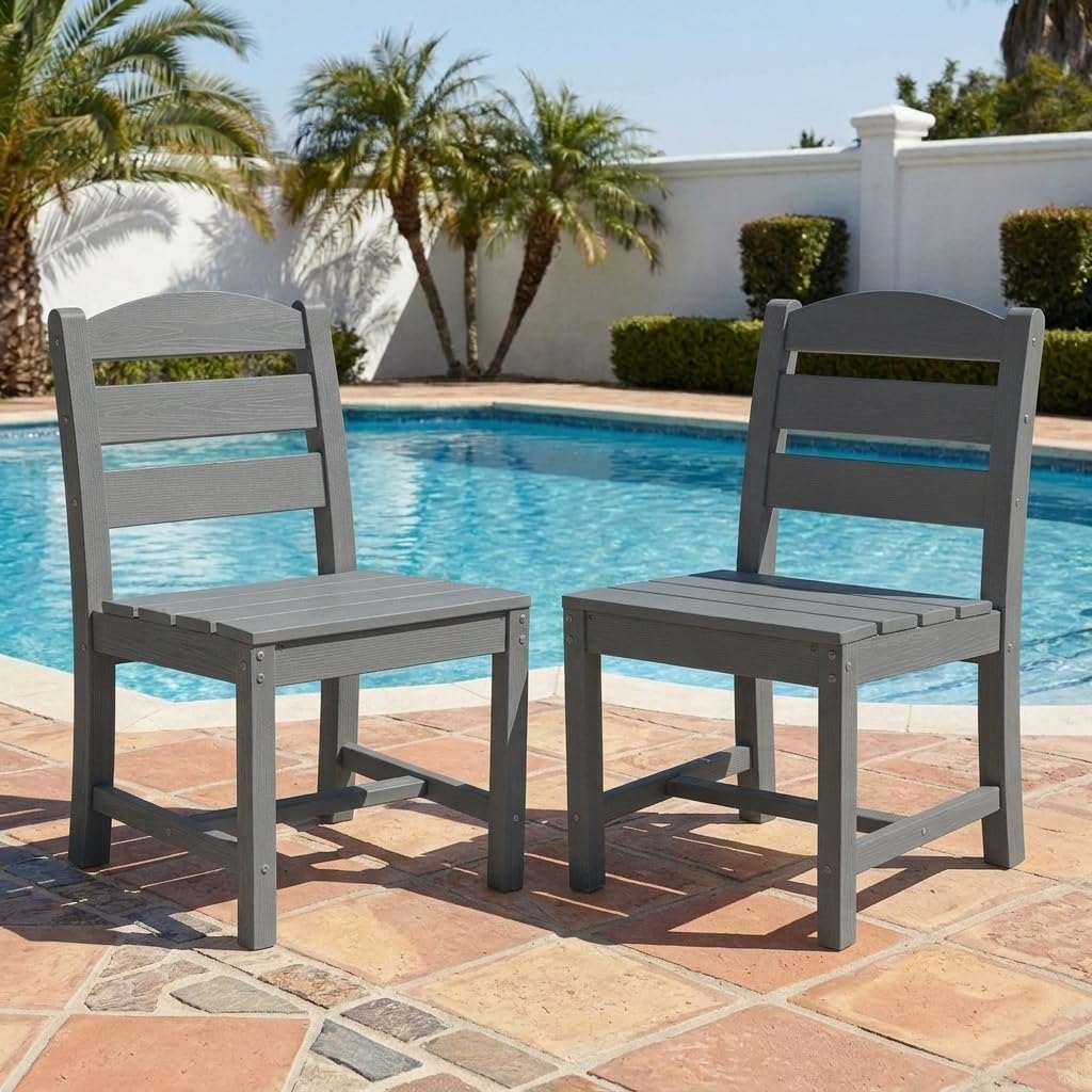 SERWALL Outdoor HDPE Armless Dining Chairs Set of 2,All-Weather Use,Gray
