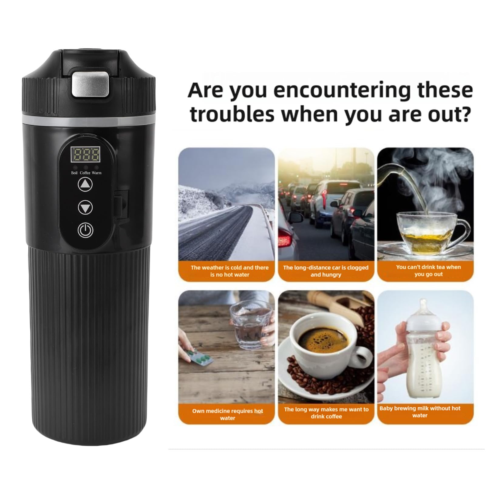 banapoy Copa de Calefacción de Automóvil Portátil, Caldera de Agua de Hervidor de Automóvil 12V 24V, 500Ml Hervda de Viaje Eléctrico con Filtro de té, Taza de Camión para Leche café