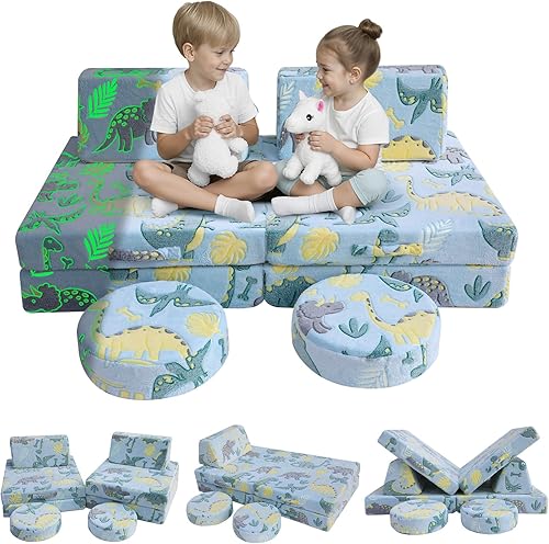 Miniatura 79 de MeMoreCool Sofá modular para niños de 1 a 3 años, 8 piezas de dinosaurio que brilla en la oscuridad, sofá de espuma para niños, juego convertible