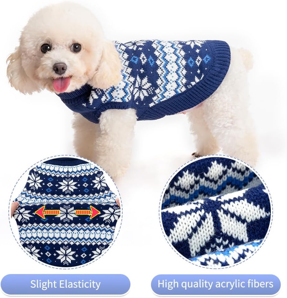 KOOLTAIL Cable Knit Dog Sweater Turtleneck, Cold Weather Pullover Classic Knitwear, Snowflake Pattern Thick Warm Winter Pet Clothes, Dog Christmas Sweater for Small Medium Large Dogs Cats,Navy Blue SM