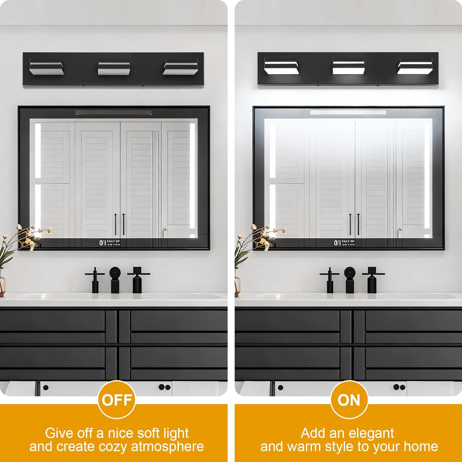 SineRise LED Modern Bathroom Vanity Light Fixtures, Modern Acrylic Bathroom Wall Lighting Fixtures Over Mirror (Cool White 6000K) (3-Light, 24-Inch), Matte Black- Non-dimmable