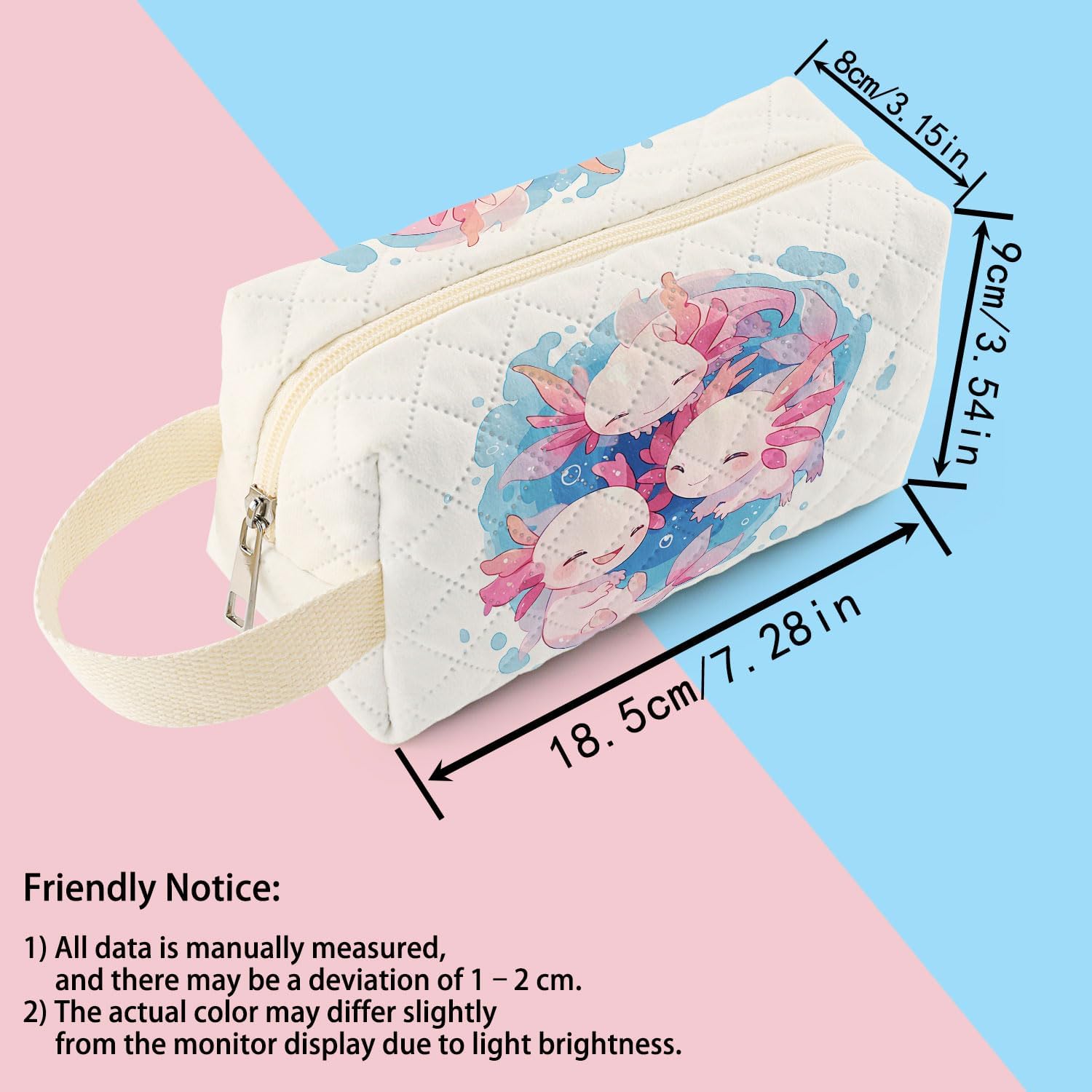 Cartoon Axolotl Printed Quilted Makeup Bag for Women - Velvety Polyester Cosmetic Organizer w/Triple Compartments, Travel & Makeup Brush Holder - Image 2