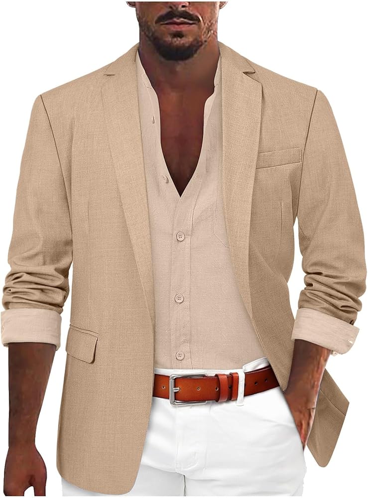 Duohropke Sakko Veste De Costume Sportive Moderne Pour Homme Coupe Ajustée Blazer élégant Avec Revers Cranté Veste De Sport En Lin, Kaki, XXL