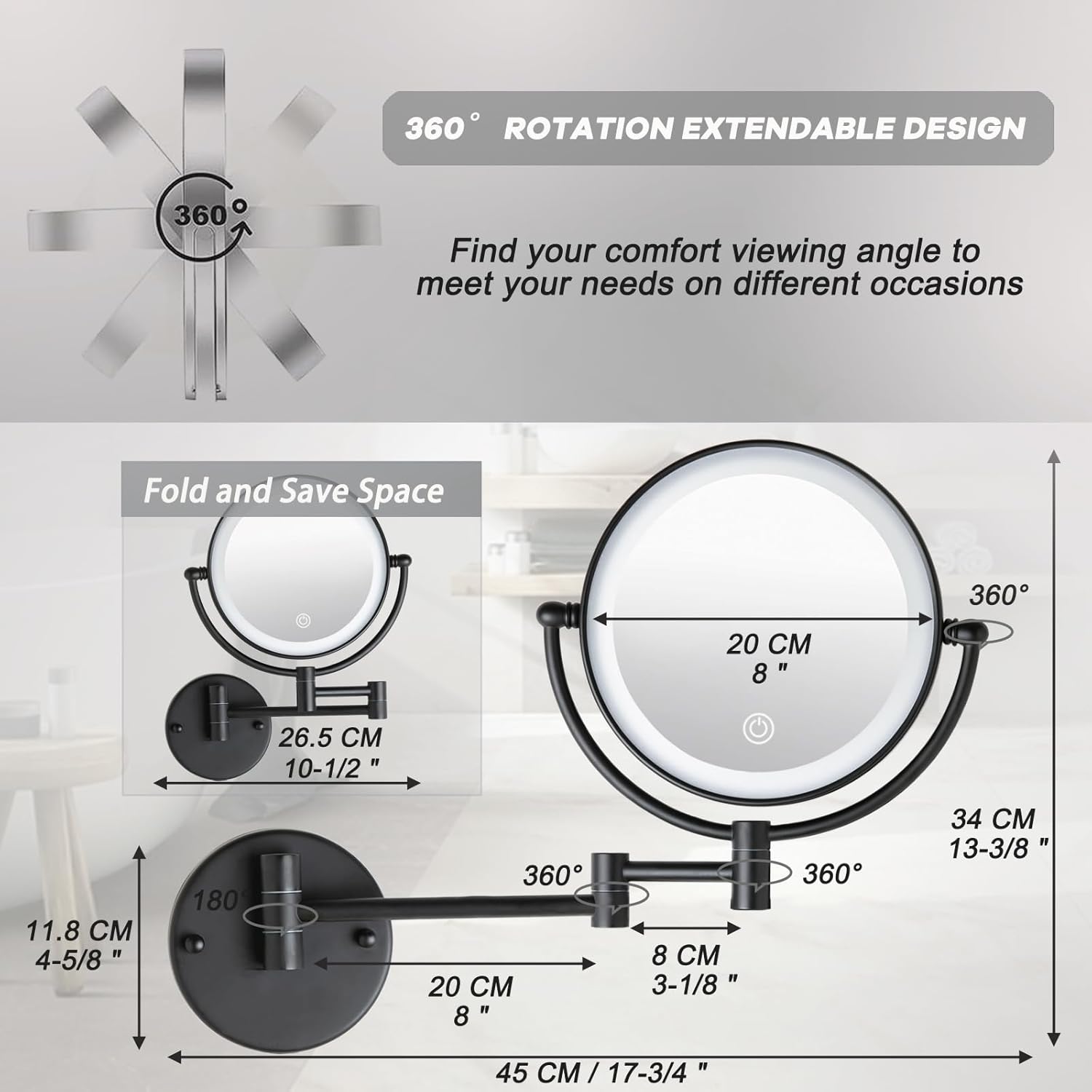 Wall Mounted Makeup Mirror with 3 Color Lights Stepless Dimming, 8" 1X/10X Magnifying LED Two Sided Touch Sensor Extendable Arm 360 Swivel Shaving Light Up Mirror Hardwired for Bathroom, Matte Black