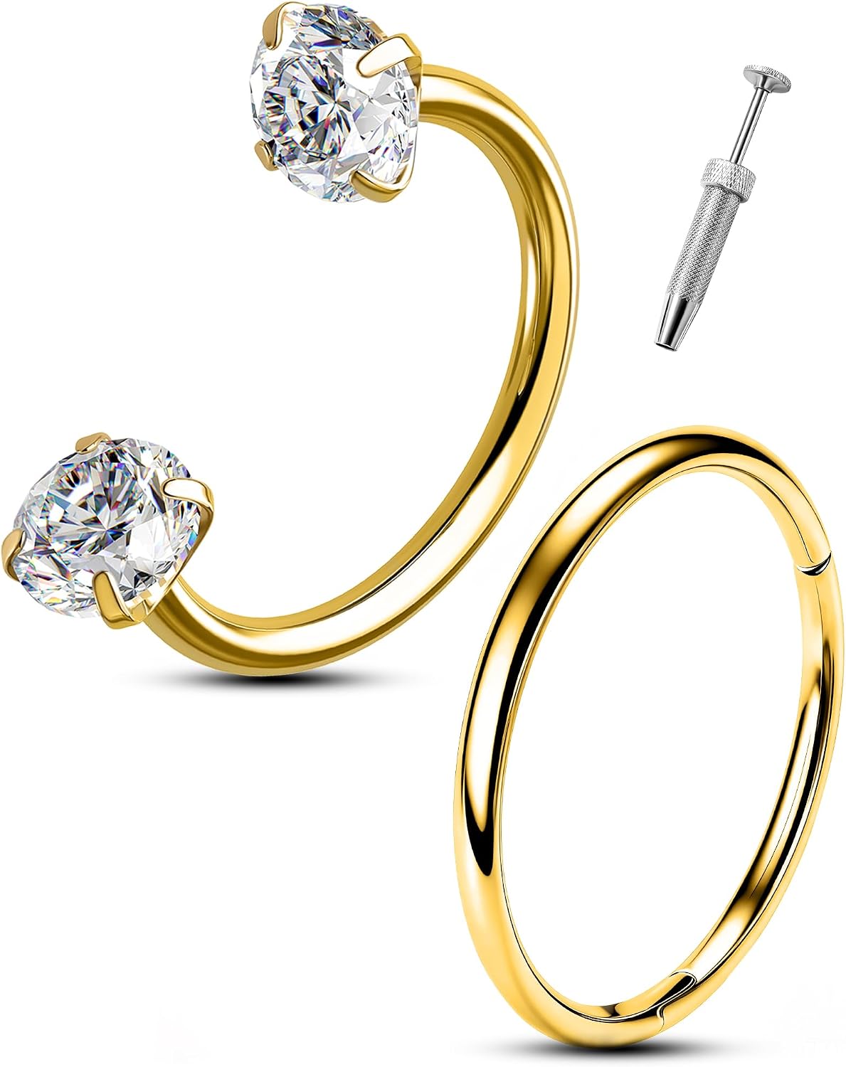 OUFER 2PCS 20G Nose Rings Hoops, Internally Threaded Horseshoe Double Clear CZ Nose Rings for Women, 316L Surgical Steel Hinged Segment Cartilage Rook Helix Lobe Tragus Earrings