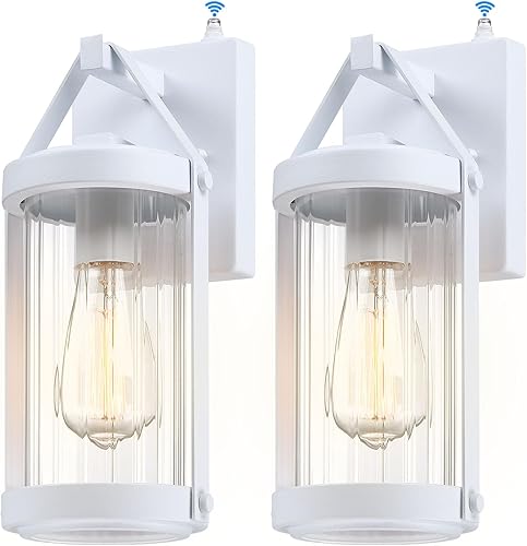 LONEDRUID Paquete de 2 lámparas de pared para exteriores, con sensor de anochecer a amanecer, lámpara de pared blanca para exteriores, farolillos