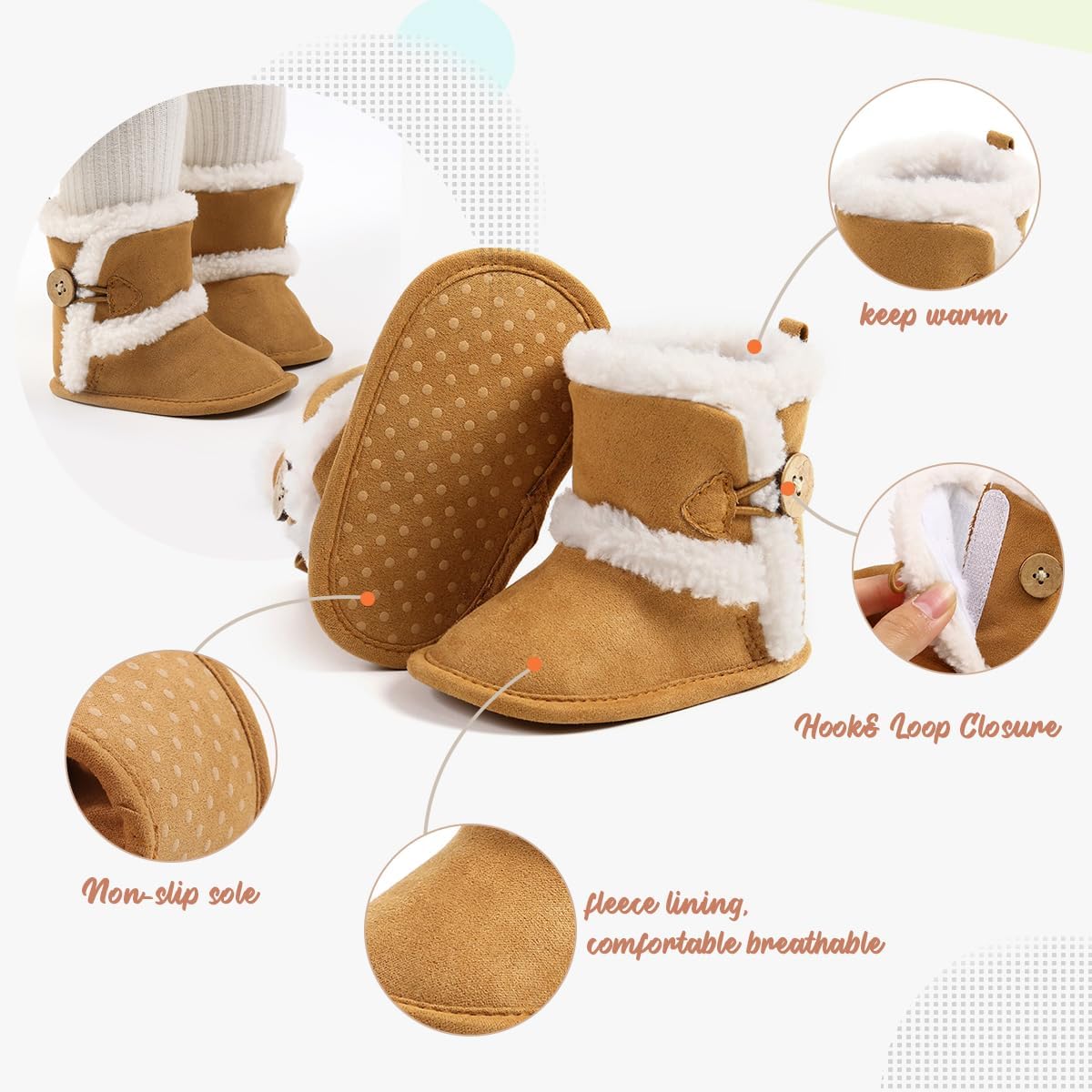 HsdsBebe Baby Boys Girls Snow Boots Premium Button Non Slip Soft Sole Toddler First Walker Winter Warm Crib Shoes