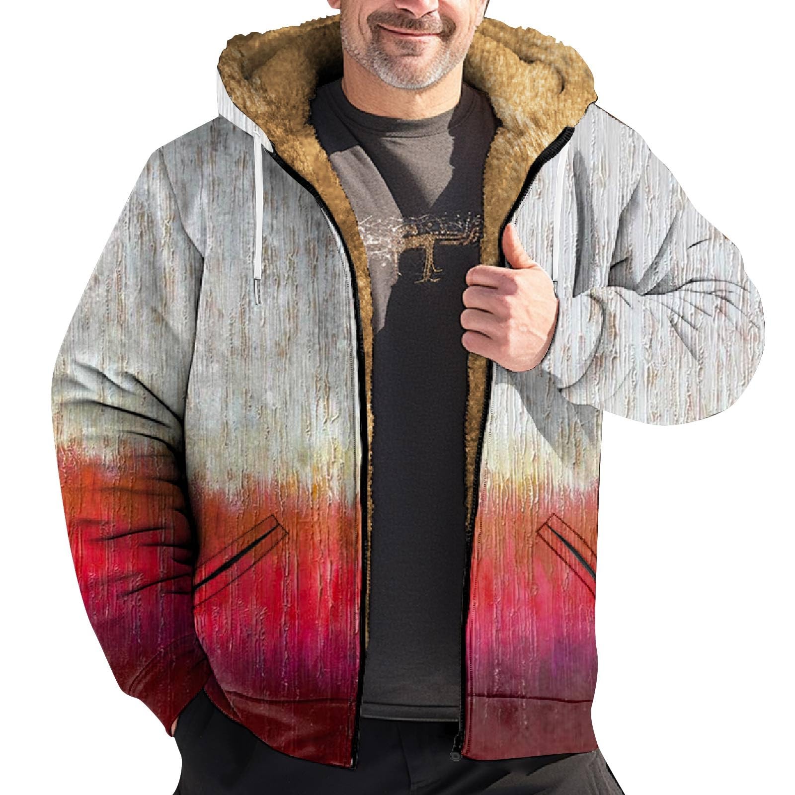 GenericWinter Coats for Men Winter Warm Outwear Vintage Printed Jackets Full Zipper Coats Sherpa Fleece Lined Hoodies