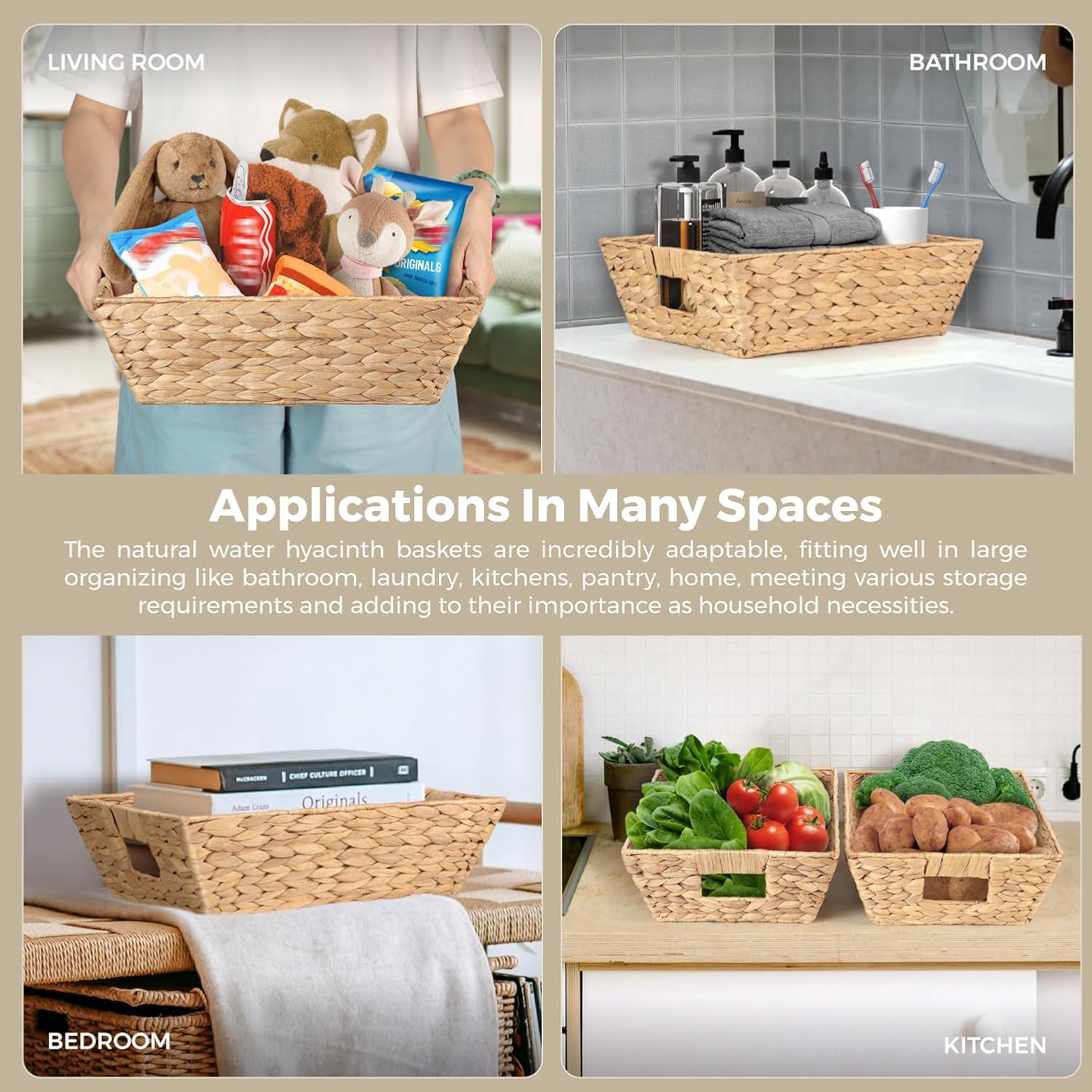 Set of 3 Snack Baskets, Water Hyacinth Basket, Wicker Snack Basket Organizer for Office, Small Wicker Baskets with Handles (3 Medium Basket)