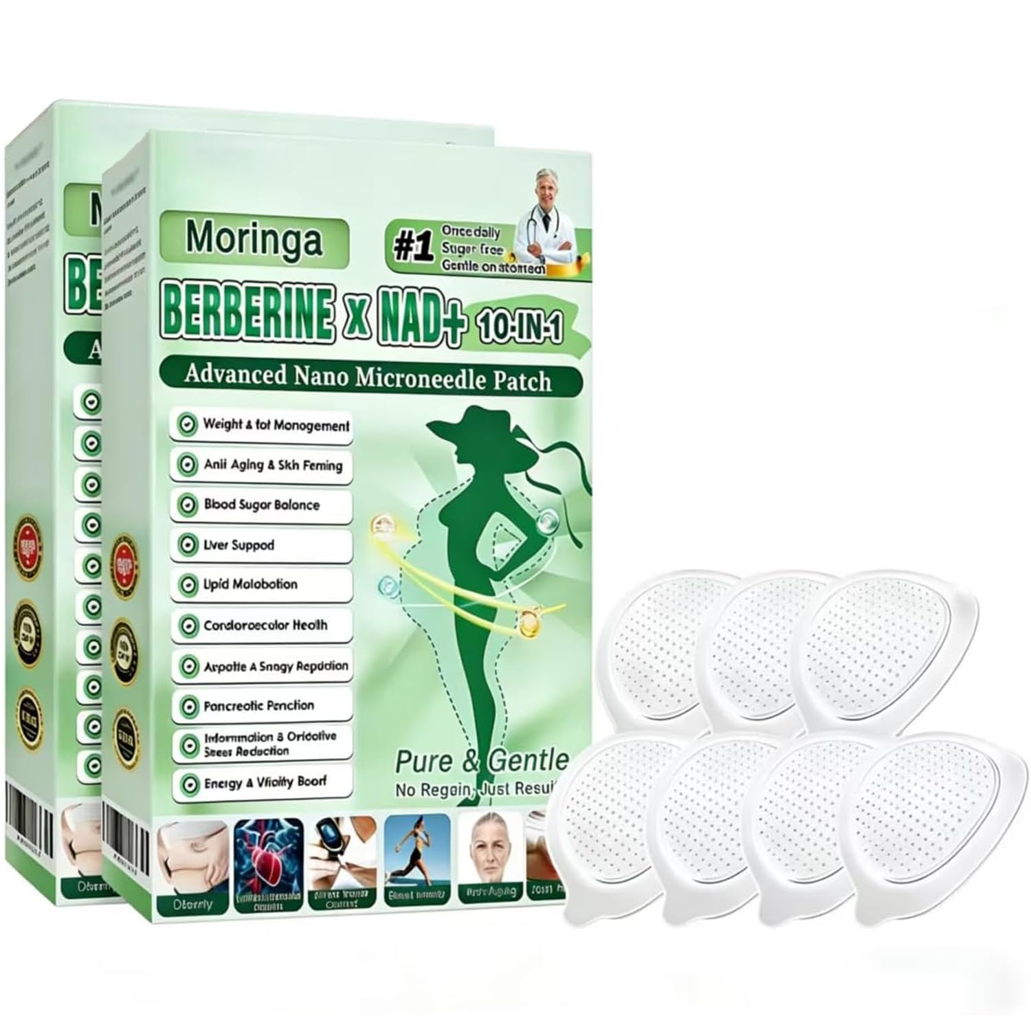 Moringa Patch, 10-in-1 Nano Microdarts Patch, Natural Formula for Women and Men Suitable for All Skin (2 Boxes/14Pcs)