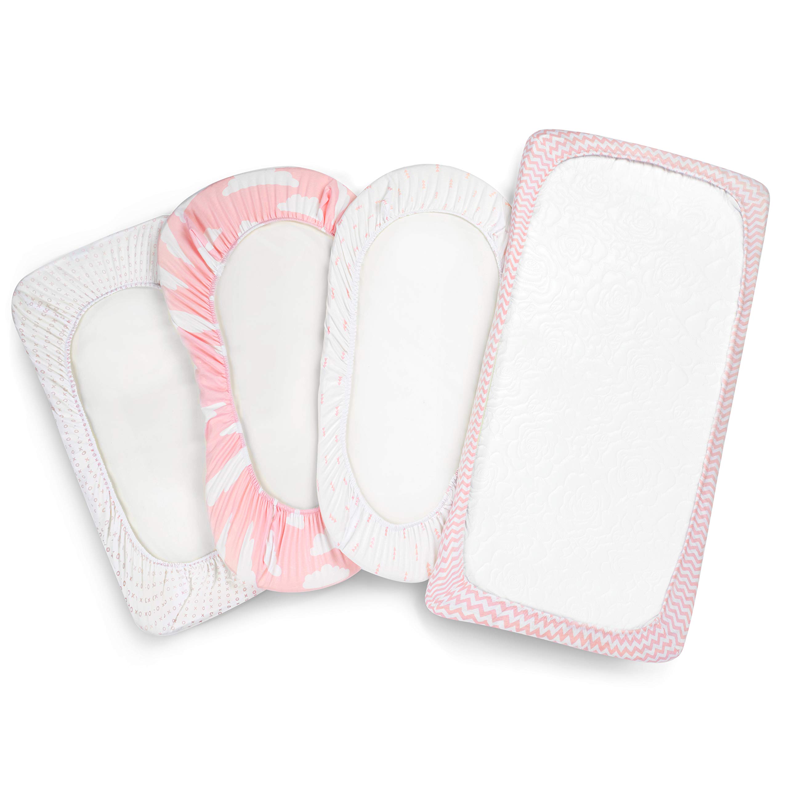 BaeBae Goods Premium Bassinet Fitted Sheet Set - 4 Pack 100% Jersey Knit - Standard Size Oval or Halo Bassinet Pads - Pink Floral