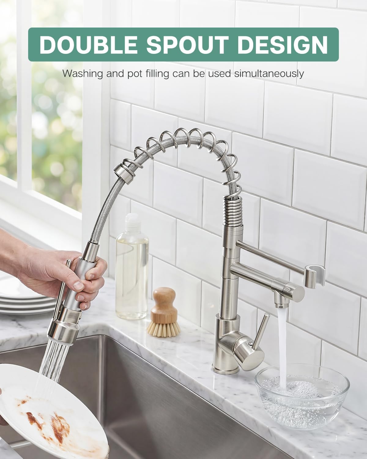FLG Kitchen Faucet with Pull Down Sprayer,High Pressure Dual Spout Brushed Nickel Faucet for Kitchen Sink,Single Handle Stainless Steel Spring Commercial Kitchen Faucet