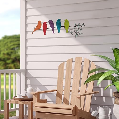 Vista 25 de Ferraycle Arte de pared de pájaro de metal, pájaros en rama con hojas, letrero de metal para colgar en la pared para balcón, jardín, decoración