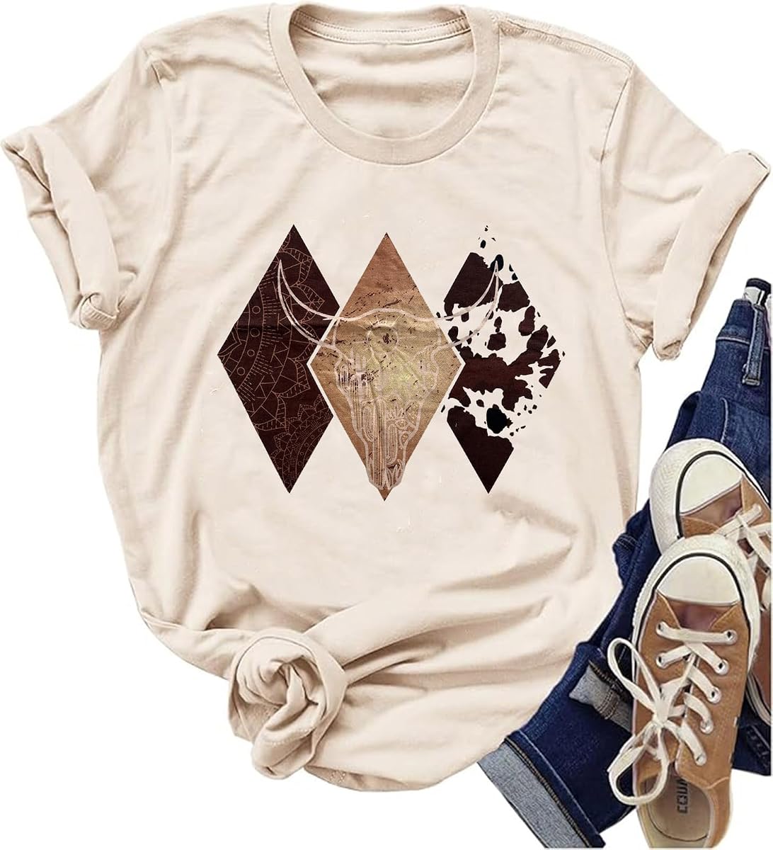 Camisetas vintage de vaquero occidental para mujer, camisetas de rodeo con estampado de calavera de vaca, camisetas divertidas de concierto campestre de vaquera