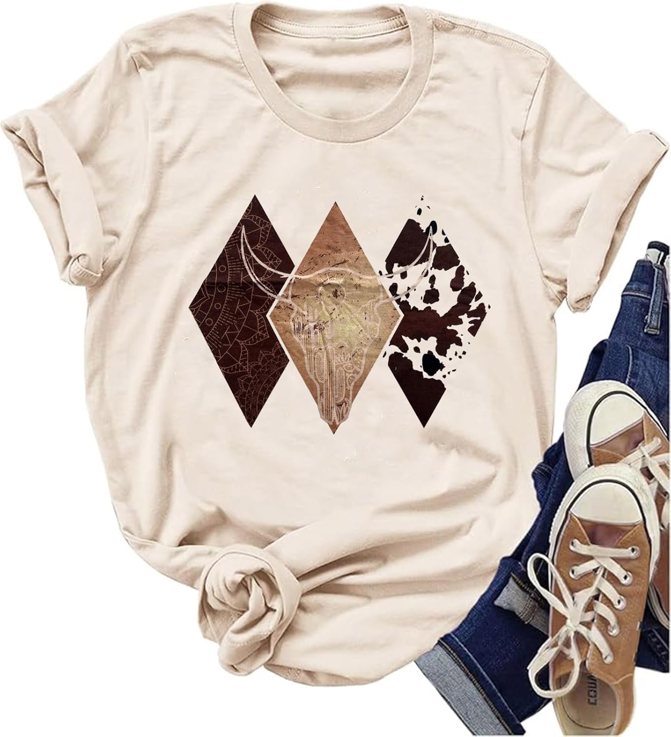 Women's Vintage Cowboy Western T-Shirts Cute Cow Skull Graphic Rodeo Shirts Funny Cowgirl Country Concert Tee Tops