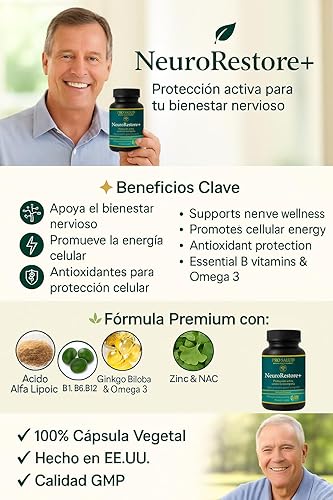 Miniatura 4 de NeuroRestore+ Fórmula de apoyo nervioso premium con ácido alfa lipoico, vitaminas B, ginkgo biloba y Omega 3 90 cápsulas vegetales Apoya la salud