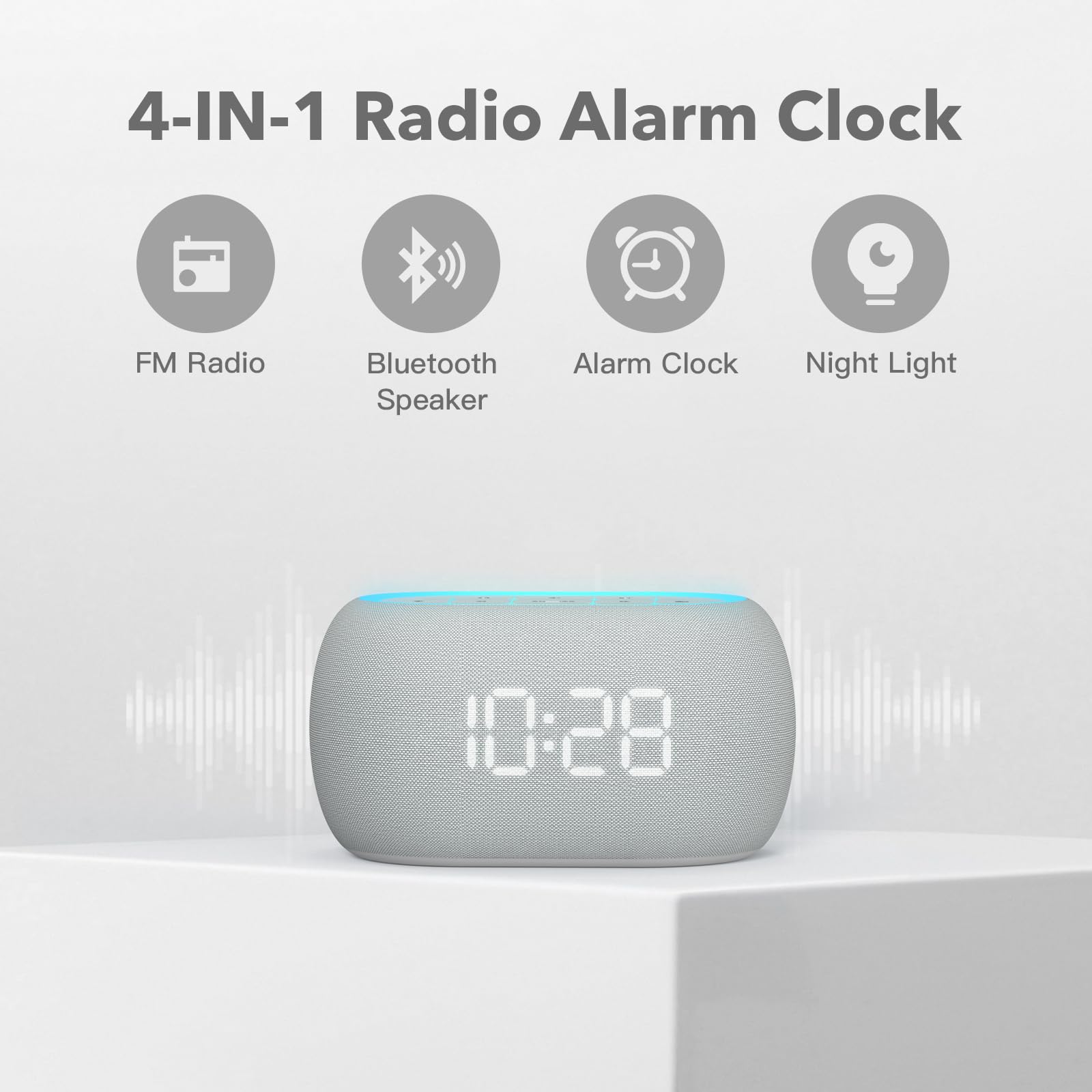 ANJANK Radiosveglia da Comodino con Altoparlante Bluetooth, Suono Stereo Hi-Fi, 7 Colori di Luce Notturna, Sveglia Digitale con 8 Suoni di Allarme, 0-100% Dimmer, Radio FM da Camera da Letto