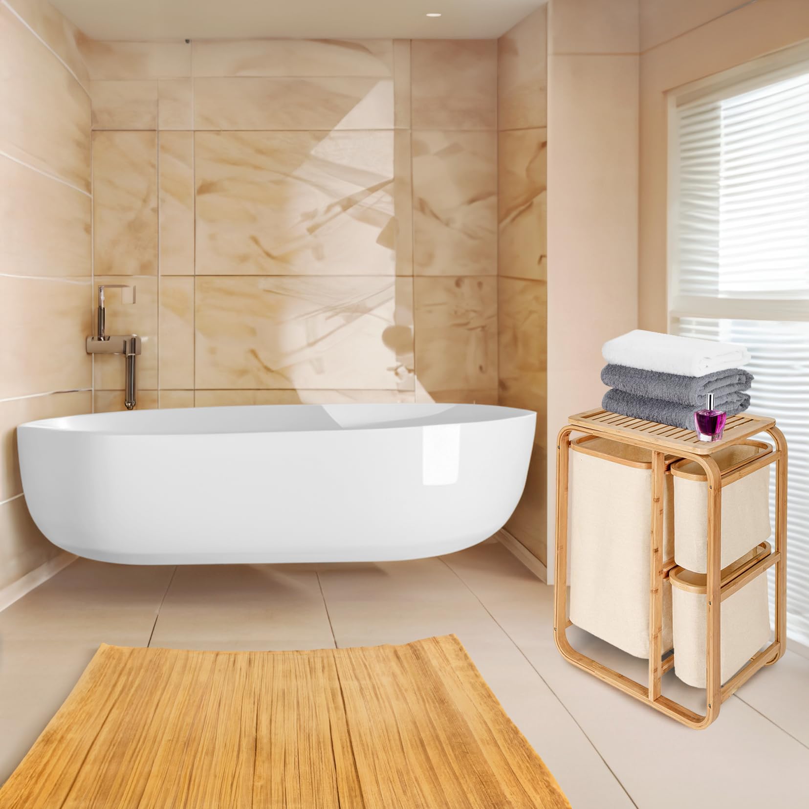 Cesto portabiancheria in bambù ripiano per il bagno portabiancheria in bambù sacchetto per il bucato ripiano per il bagno selezionatore di biancheria XL 49x33x70 cm Beige