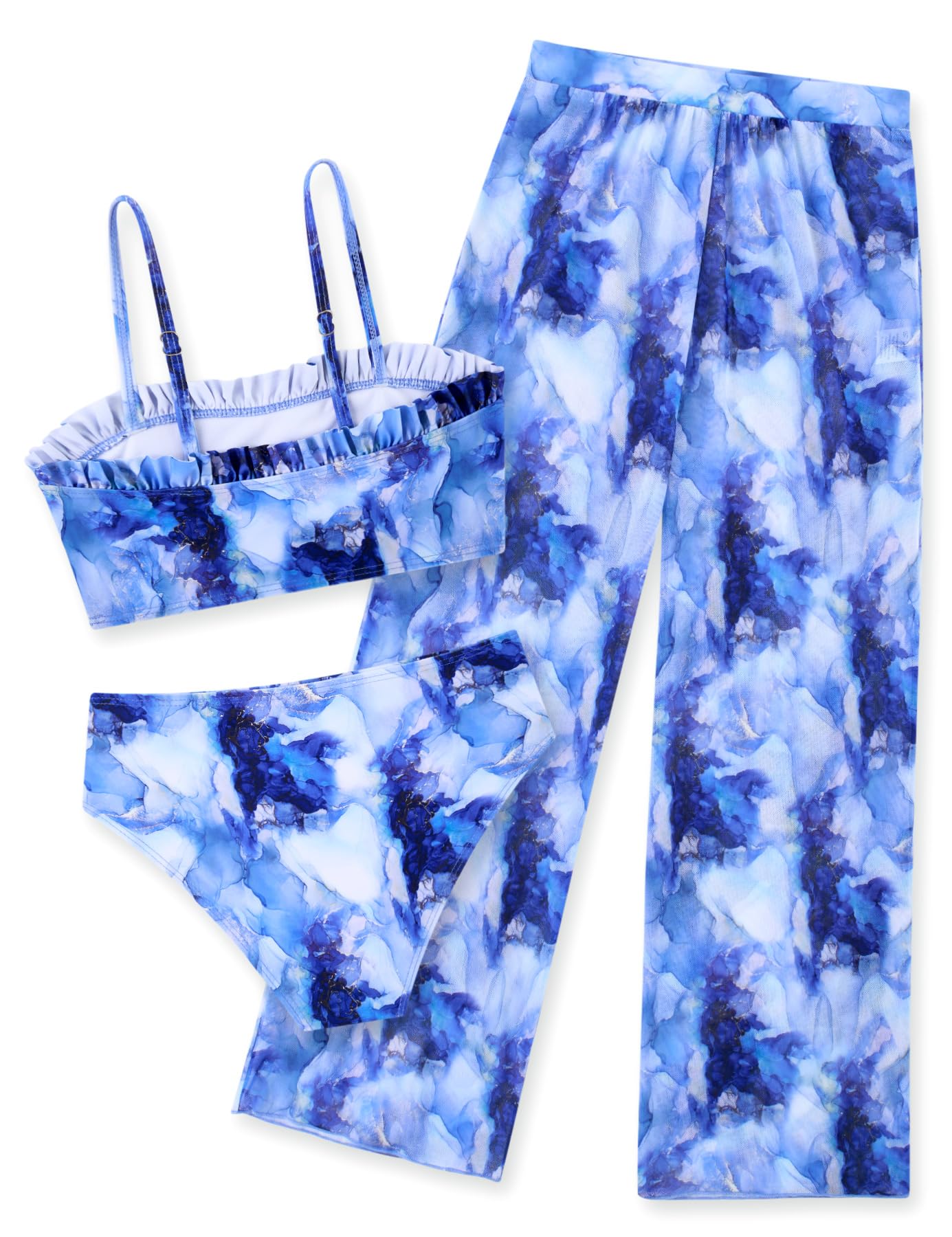 Big Girl's Blue Swimsuits 8-10 Kids Quick Dry Tankini Bathing Suit with Cover Long Pants for Girls 9 Years Sun Protection 3PCS Sporty Bikini Swimming Sets Size 8 Children Summer Beach Funny Swimwear