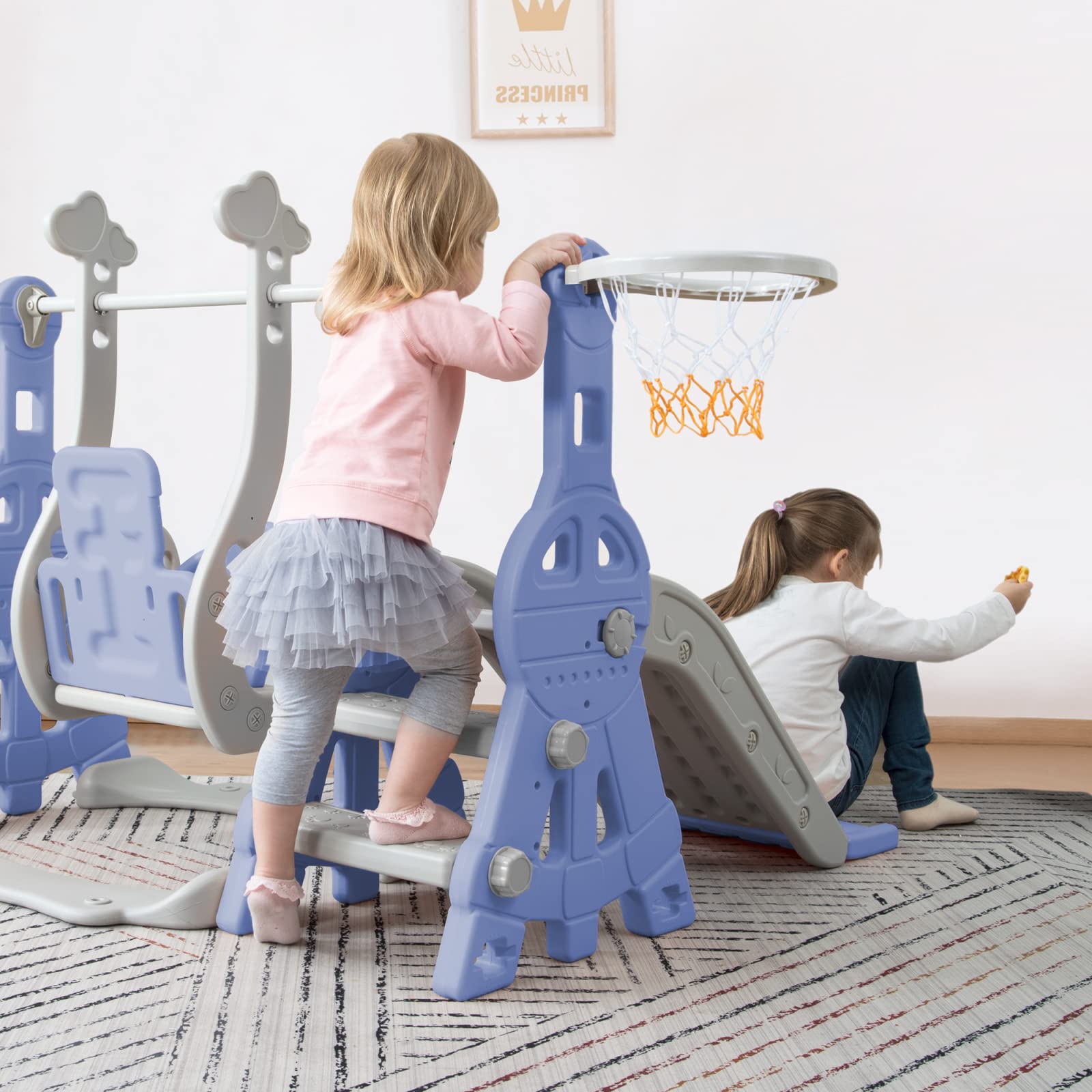 BestAlice 4 in 1 Set von Rutschen für Kinder für drinnen und draußen, Spielplatz mit Schaukel, Basketballkorb, Kletterleiter, Spielset für drinnen und draußen, 18 Monate+ (Blau)