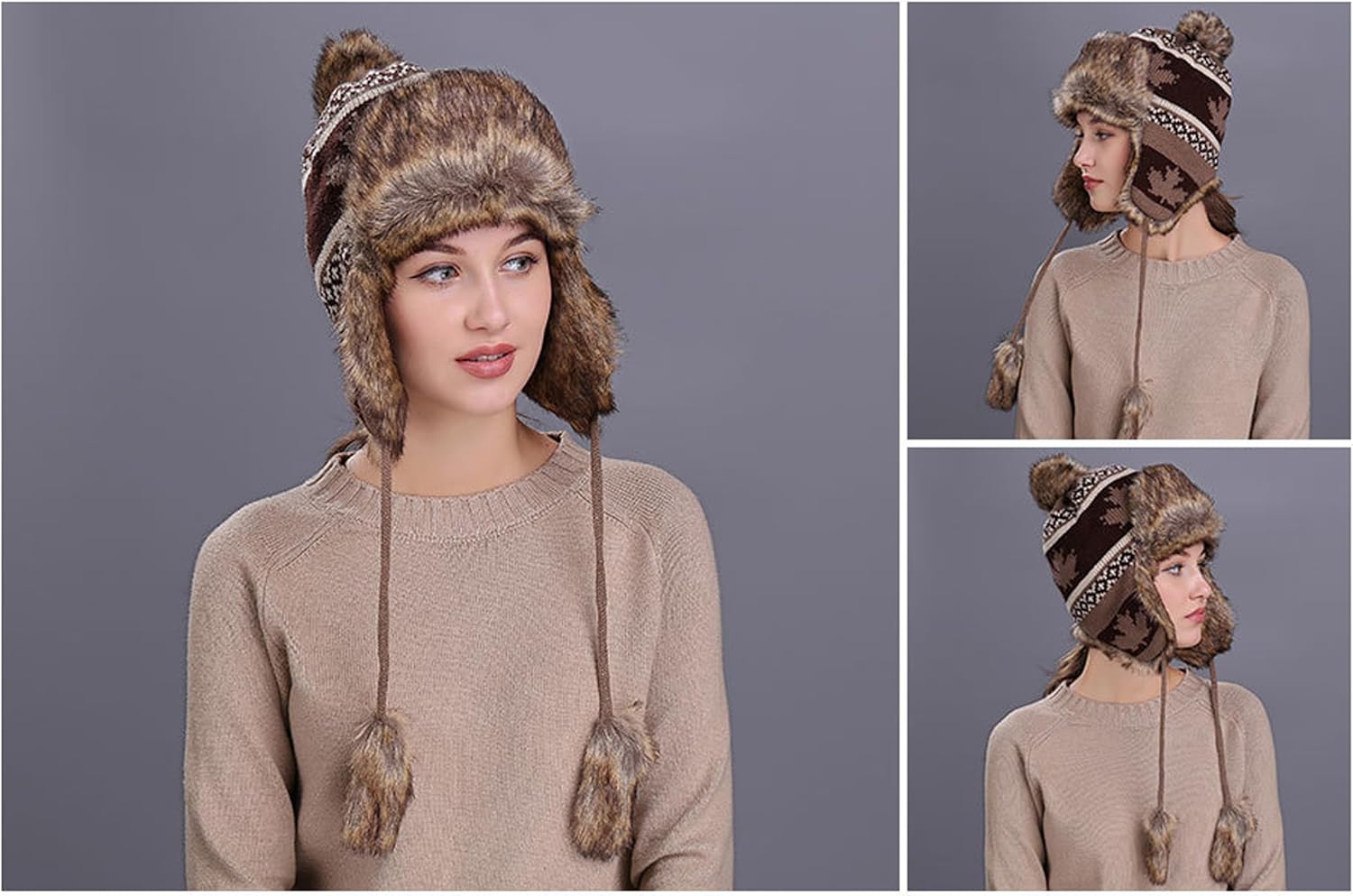 PURFUN Women Faux Fur Trapper Hat Winter Thick Thermal Knit Beanie Full Hood Cap Hunting Cycling Ski Caps Ushanka Russian Hat