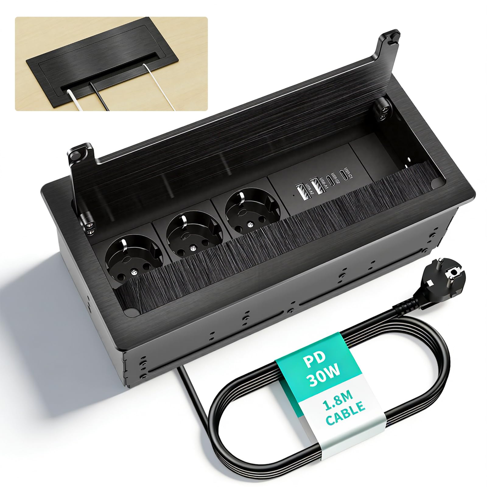 Ciabatta elettrica a scomparsa a 3 scomparti, con 2 USB-C PD 30 W e 2 USB-A, in alluminio, a scomparsa con interruttore, presa da tavolo a scomparsa, 4 USB per piano di lavoro, cavo da 1,8 m