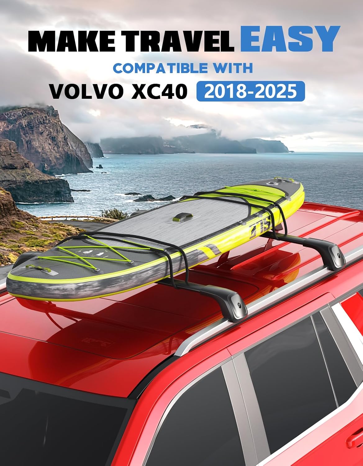 FengYu 330lbs Lockable Roof Rack Cross Bars Compatible with 2018-2026 Volvo XC-40 XC40, Heavy Duty Aluminum Roof Rails Crossbars Cargo Bars Canoe Snowboard Rooftop Black Carrier Luggage