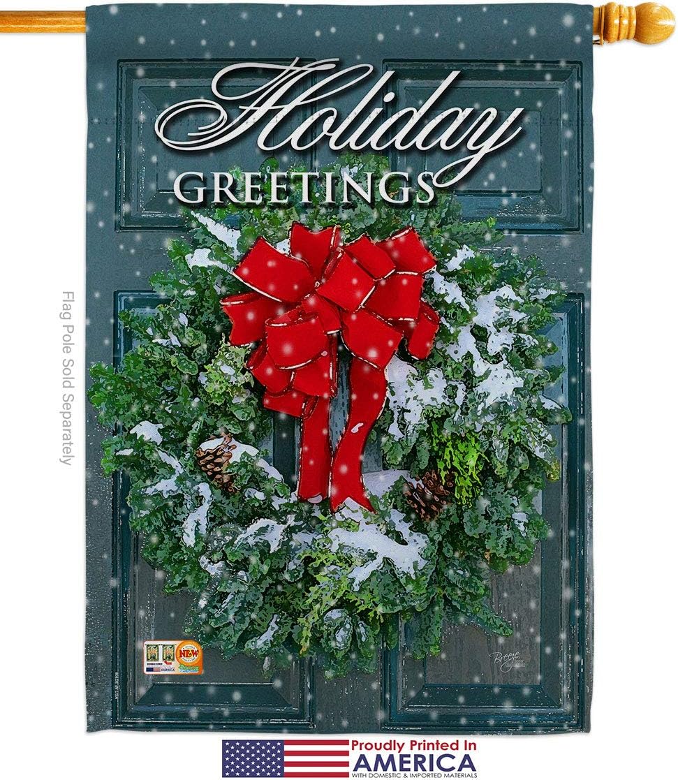 Holiday Greeting Wreath House Flag Wintertime Winter Wonderland Snowflake Snowman Ice Skate Season Snow Small Decorative Gift Yard Banner Made In USA 28 X 40