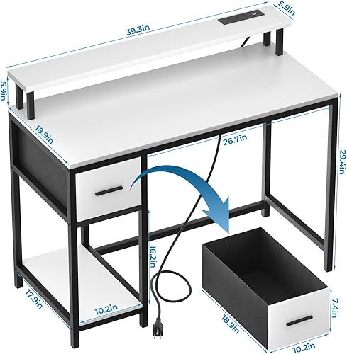Miniatura 3 de GreenForest Escritorio para computadora con cajones de 39 pulgadas, escritorio para juegos con luces LED y tomas de corriente, escritorio pequeño