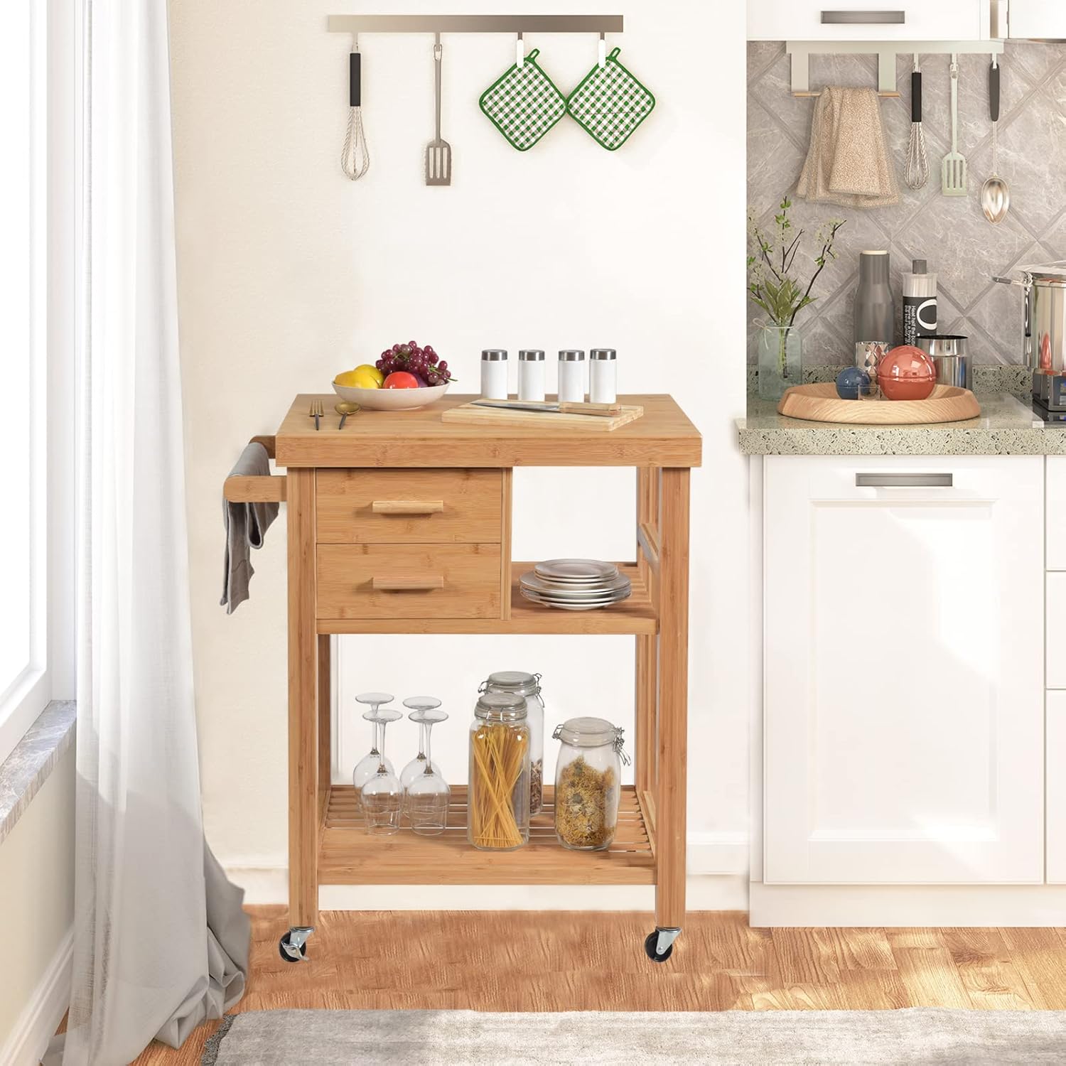 GORELAX Bamboo Kitchen Island on Wheels, Lockable Rolling Kitchen Cart with 2 Storage Drawers & Open Shelf, Wood Utility Butcher Block Island with Towel Rack