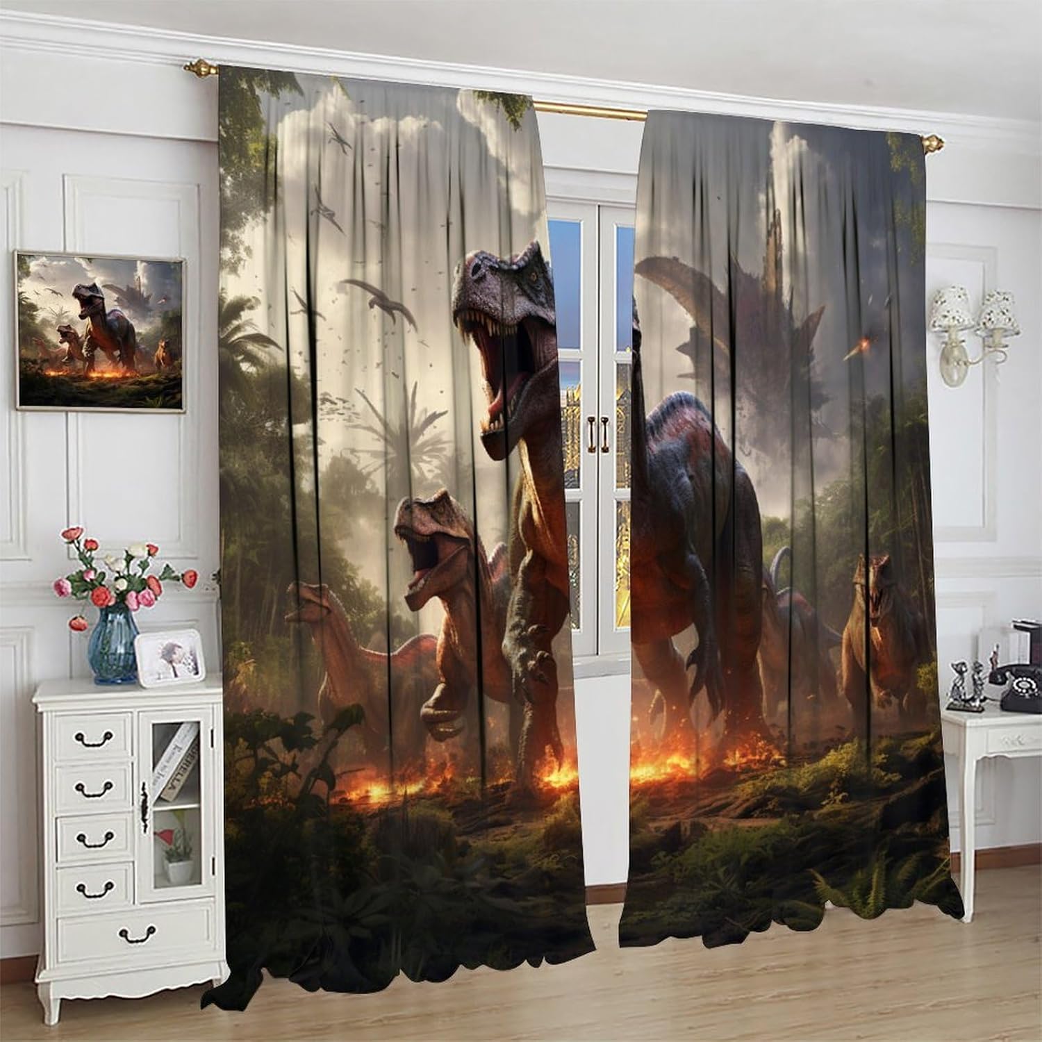 Dinosaur Blackout Curtains Are Used For Home Decoration, Jurassic Jungle World Dinosaur Pole Pocket Thermal Insulation Curtains Are Used For Dark Curtains, Living Rooms, Family Drapes 42x45in