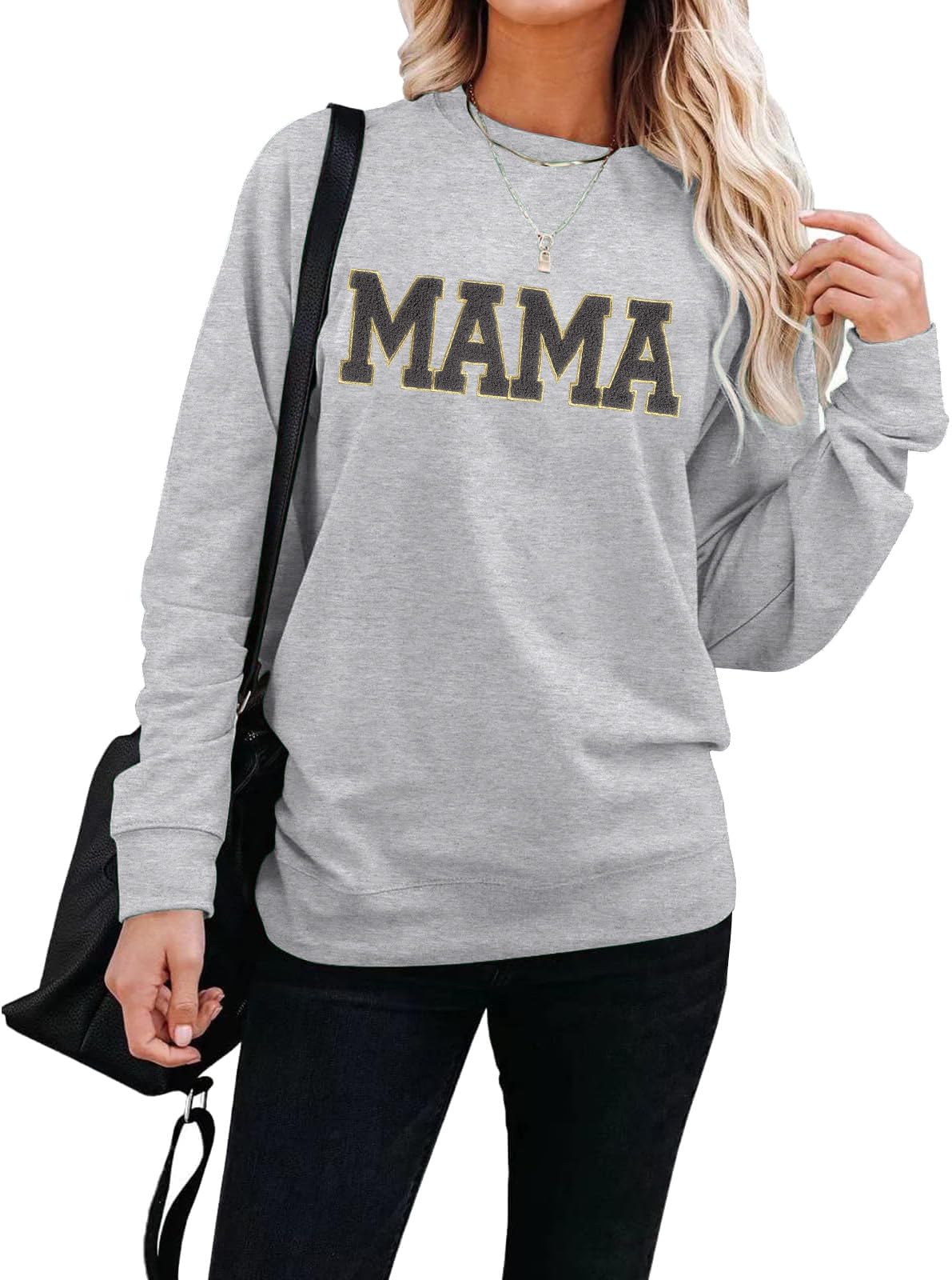 SUPEYAMama Sweatshirt Womens Glitter Patch MAMA Shirt Mama Letter Print Long Sleeve Loose Fashion Pullover Top