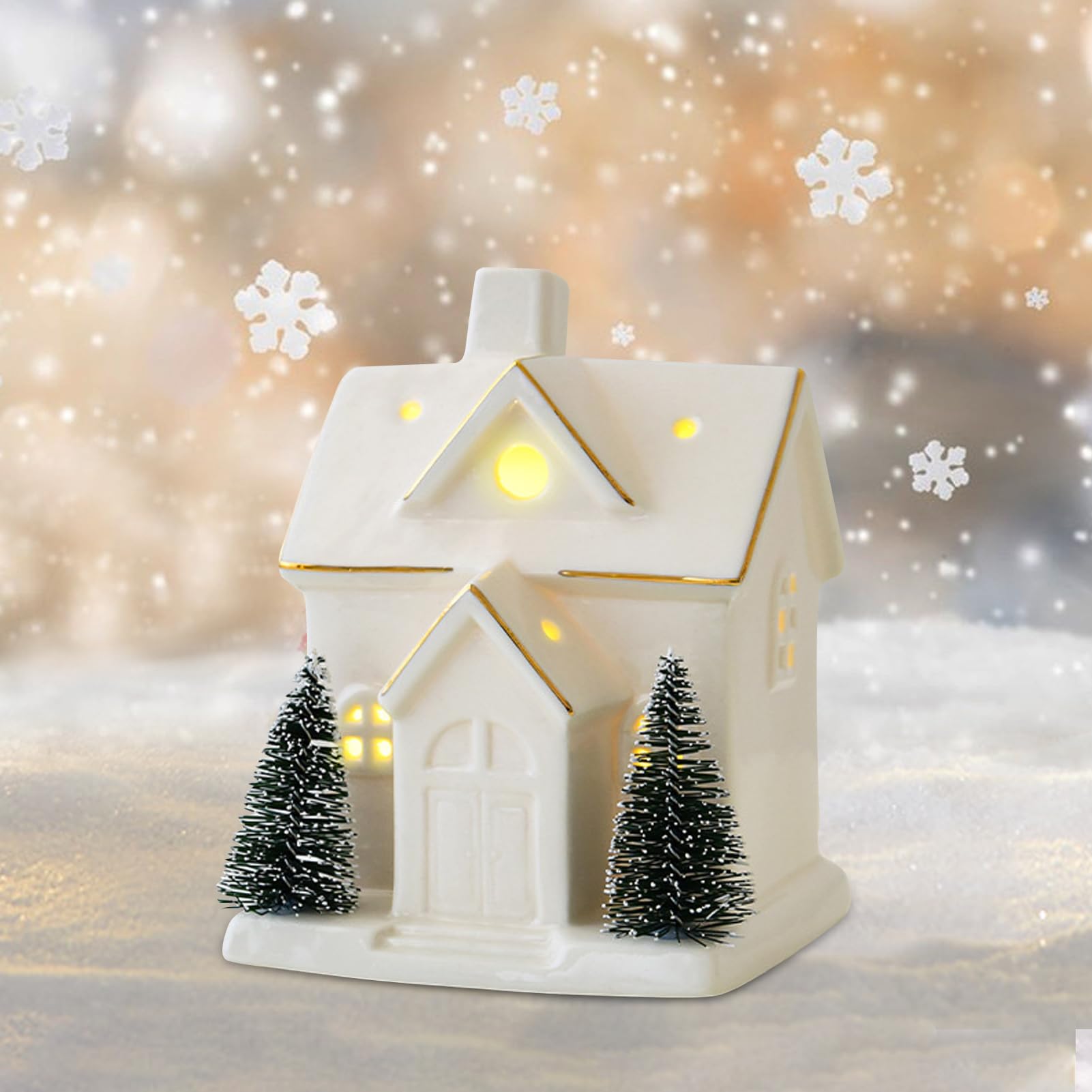 Weihnachtsdeko Porzellan Häuser Weiß, Weihnachtshaus Beleuchtet Lichthaus Keramik, Lichthaus Weiss Weihnachtsdorf Mit Batteriebetriebenen LED Leuchten Weihnachten (E+F)
