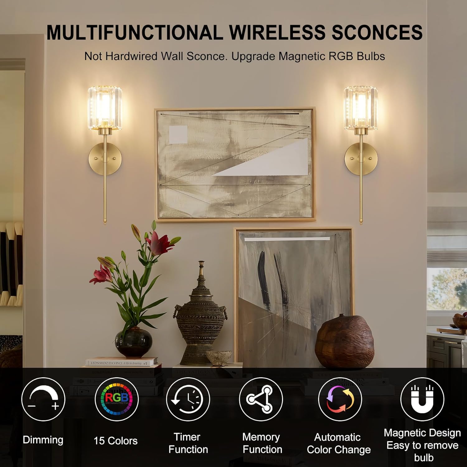 Rechargeable Wireless Wall Sconce Set of 2, Crystal Battery Operated Wall Sconce with Magnetic Bulb, Dimmable 3CCT & 12 RGB Gold Sconces Wall Lighting for Bedroom Living Room Hallway Bathroom