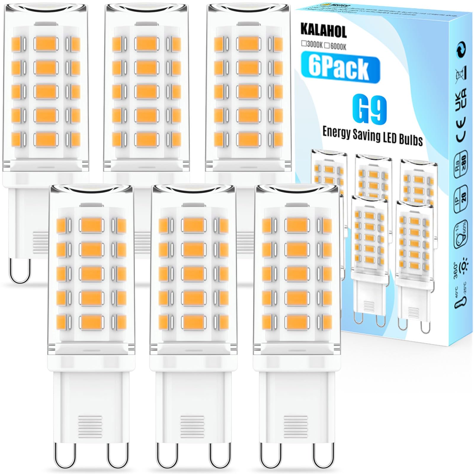 KALAHOL 6 Pack G9 LED Bulbs Warm White, 4W, 3000K, No Flicker, Equivalent to 40W Halogen, 400LM, Non-Dimmable