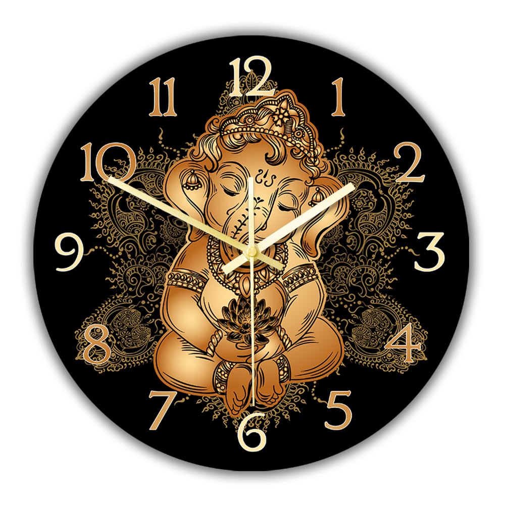 Timethink 12'' Cute Toddler Lord Ganesha Silent Wall Clock, Hindu God Indian Festival of Ganesh Chaturthi Ganapati Decorative Wall Watch Clock Non Ticking Vintage Decorative Wall Clock for Living Room