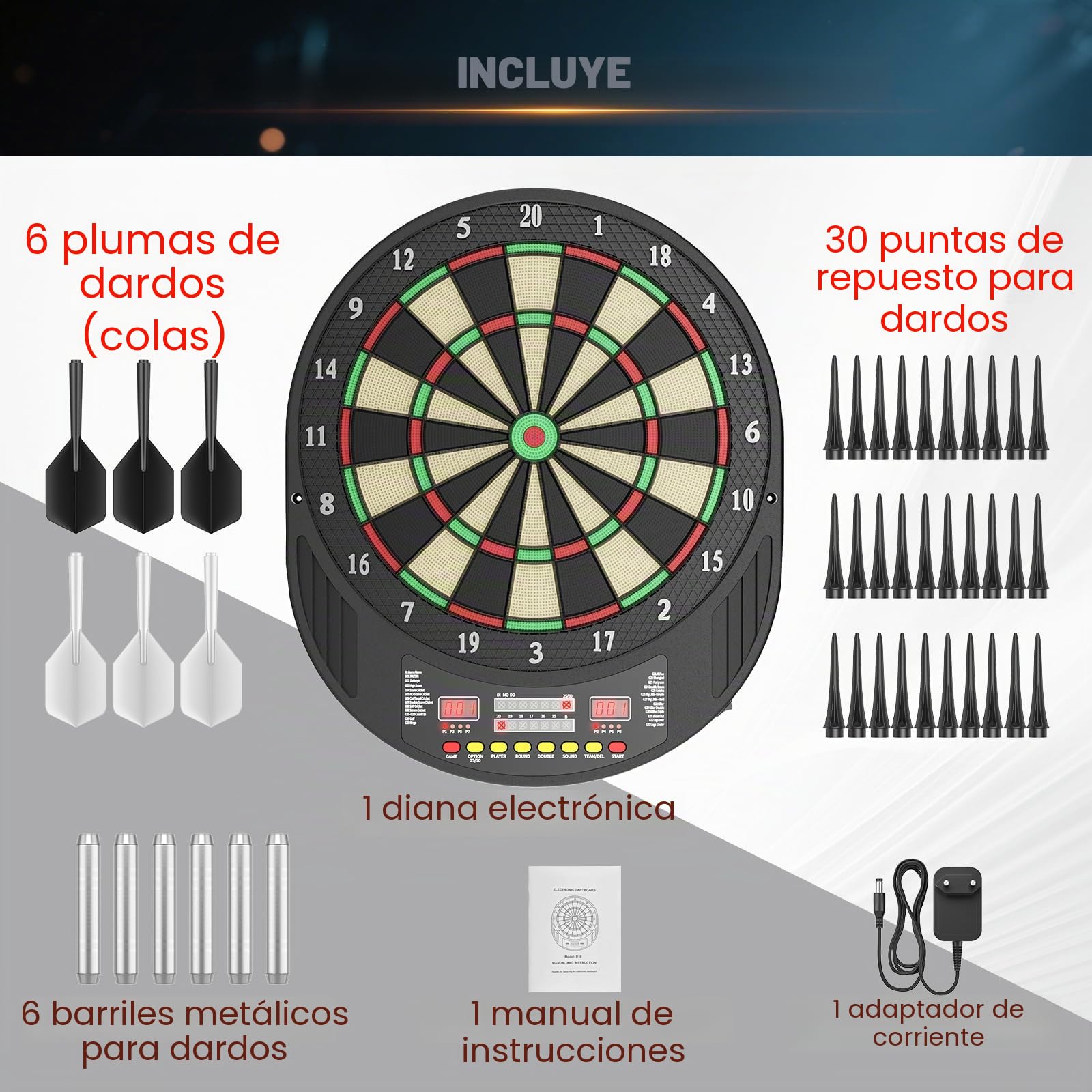 Diana eléctrica,Electrónica de Dardoscon 6 Dardos,Tablero de Dardos electronico con Indicador LED,Diana Electrónica Plegable con 33 Juegos, para 1 a 8 Jugadores