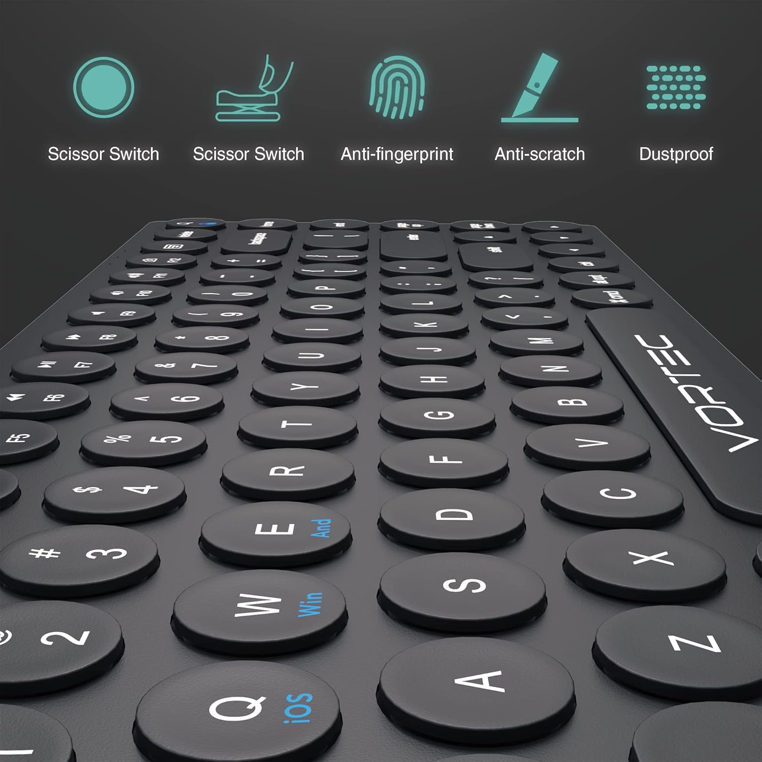 Close-up of keyboard keys with icons for Scissor Switch, Anti-fingerprint, Anti-scratch, and Dustproof features