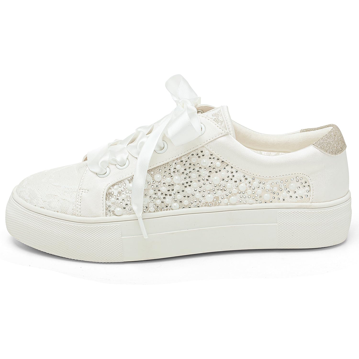 Elivandon 9993 Chaussures de Mariage Dentelle Sneakers de Mariée Plateforme 3,7cm Chaussures de Tennis Mariée Strass Étincelants Sneakers Nuptiales