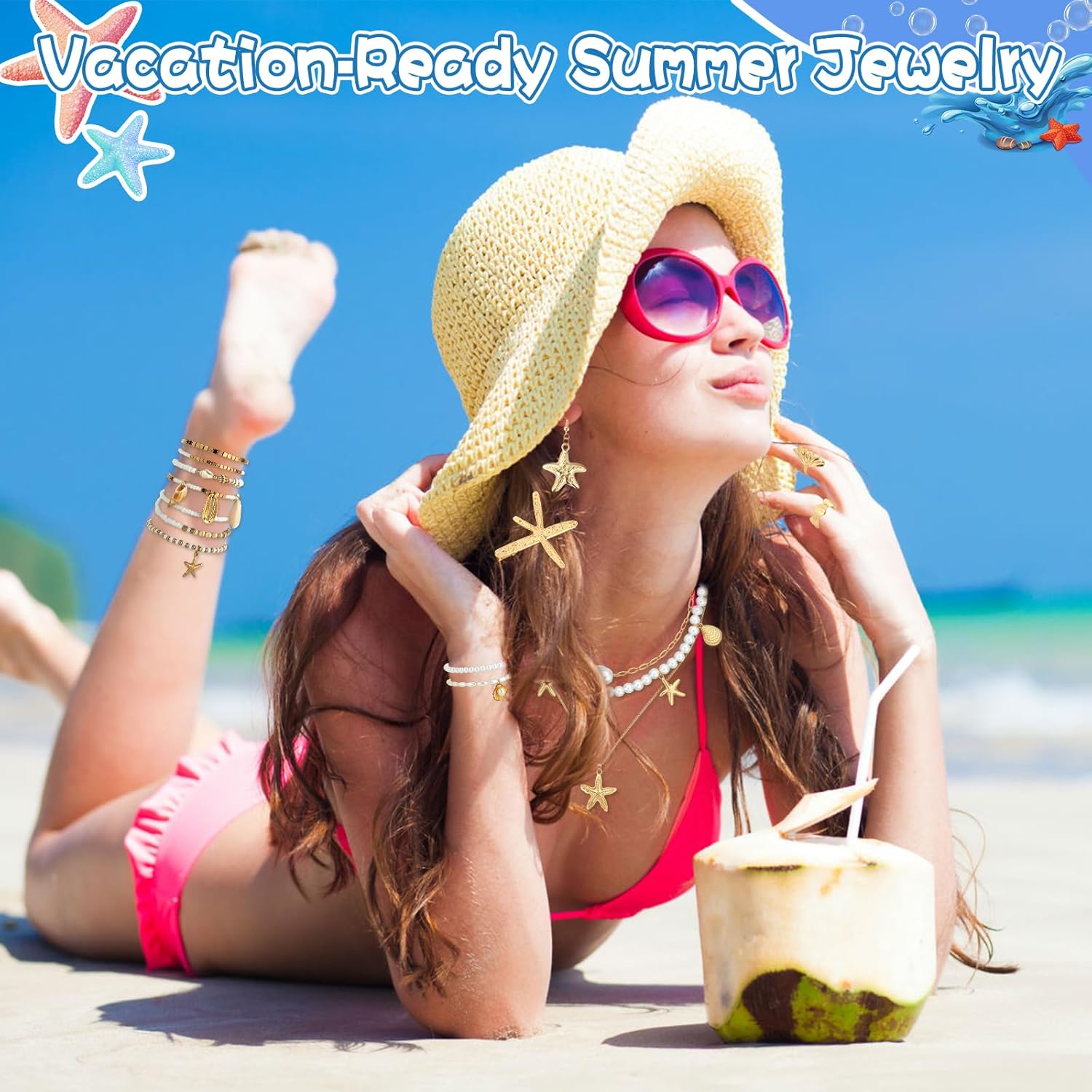 24 Pcs Seashell Starfish Jewelry Set Beach Jewelry for Women, Starfish Earrings Beach Necklace Open Ring Boho Layer Bracelets for Summer Holiday Vacation Wedding Gifts Mermaid Accessories - Image 4